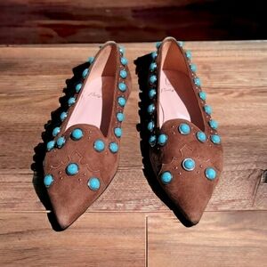 Pretty Ballerinas Brown Suede With Stone Accent Slip On Flats Shoes - Size 36